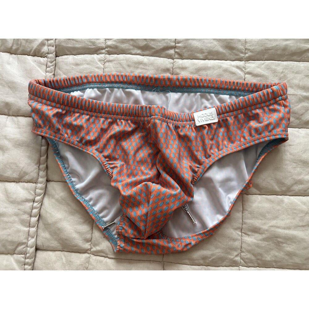 Modus Vivendi Men's Orange Teal Pattern Swimsuit Speedo-style Brief Size Large